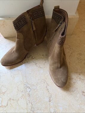 Aerin Tan Suede Ankle Booties with Perforated Cuff